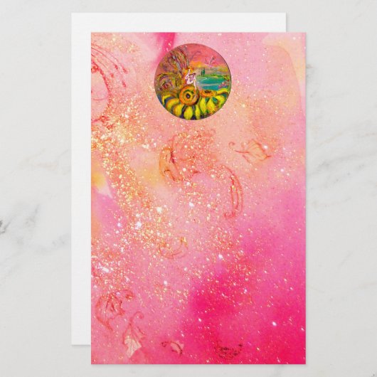 ヒマワリの妖精の黄色のピンクの黒 便箋 (正面/裏面)