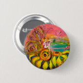 ヒマワリの妖精の黄色のピンクの黒 缶バッジ (正面&裏面)