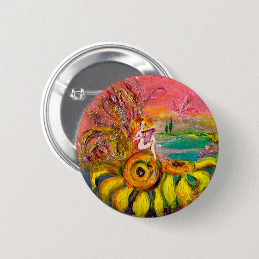 ヒマワリの妖精の黄色のピンクの黒 缶バッジ (正面&裏面)