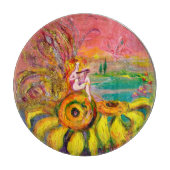 ヒマワリの妖精ファンタジー黄色のピンク カッティングボード (正面)