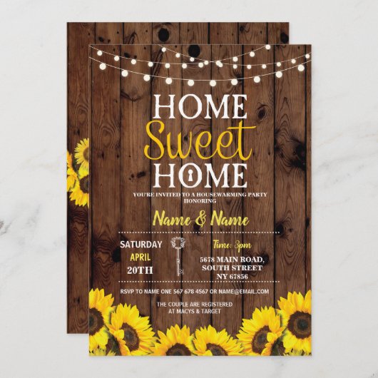 ヒマワリの引っ越し祝いパーティーの甘い家の木製の招待 招待状 (正面/裏面)