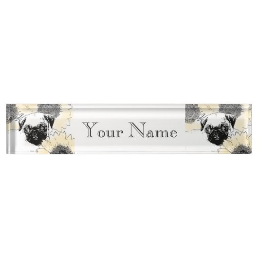 ヒマワリの机のネームプレートのパグ犬 デスクネームプレート (正面)