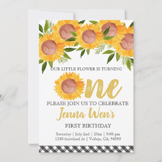 ヒマワリの格子縞の最初子供の誕生日の招待 招待状 (正面)