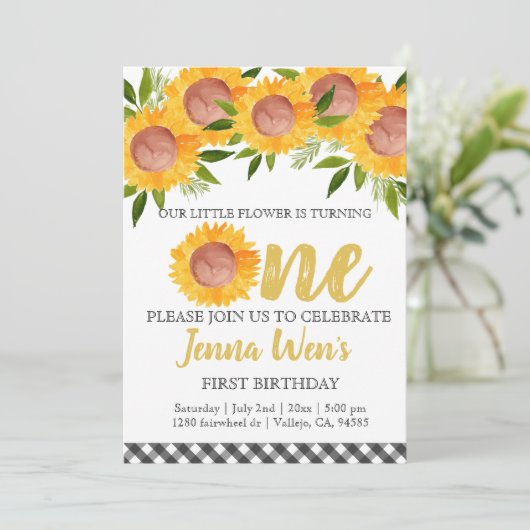 ヒマワリの格子縞の最初子供の誕生日の招待 招待状 (スタンド正面)
