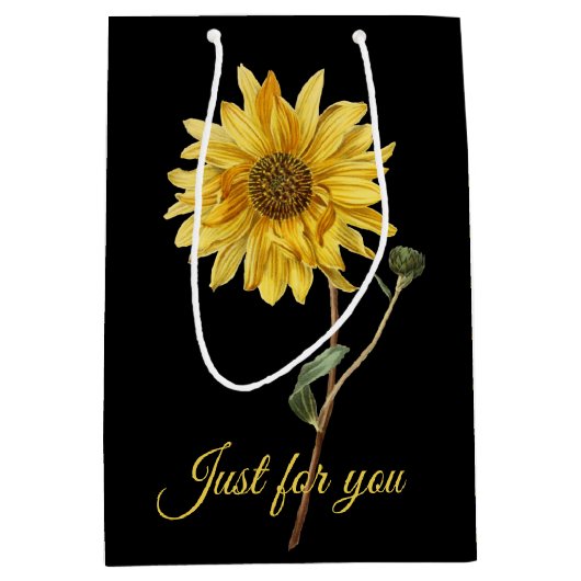 ヒマワリの植物の黒いギフトバッグ ミディアムペーパーバッグ (正面)