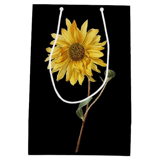 ヒマワリの植物の黒いギフトバッグ ミディアムペーパーバッグ (裏面)