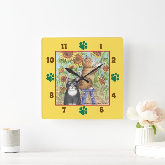 ヒマワリの正方形の柱時計を持つ猫 スクエア壁時計 (ホーム)