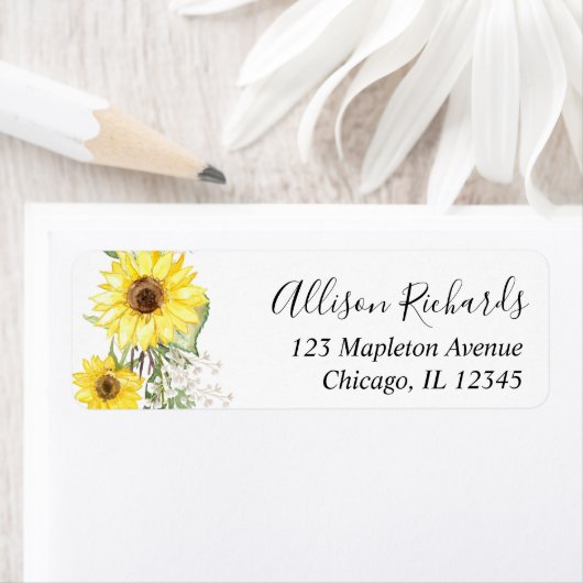 ヒマワリの水彩黄色差出人住所 ラベル (インサイチュ)