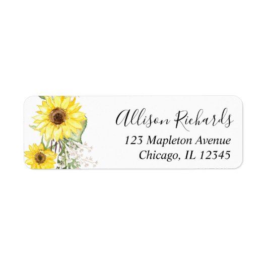 ヒマワリの水彩黄色差出人住所 ラベル (正面)