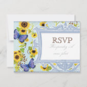 ヒマワリの渦巻の花フレームの青い蝶招待 出欠カード (裏面)