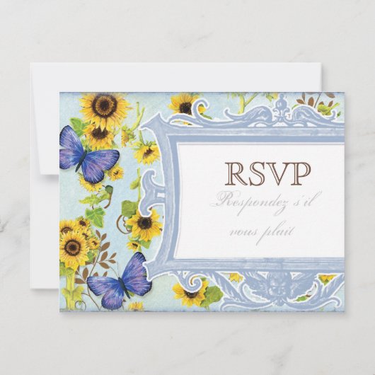 ヒマワリの渦巻の花フレームの青い蝶招待 出欠カード (裏面)