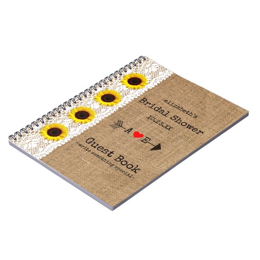 ヒマワリの矢のバーラップのレースのイメージのブライダルシャワー ノートブック (左側)