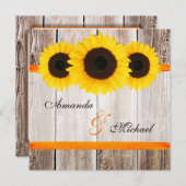 ヒマワリの納屋の木製のオレンジリボンの結婚式 招待状 (正面/裏面)