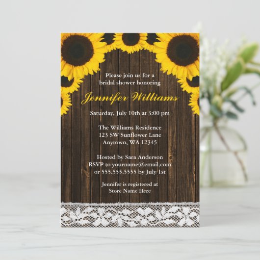 ヒマワリの納屋の木製のレースのブライダルシャワー 招待状 (スタンド正面)