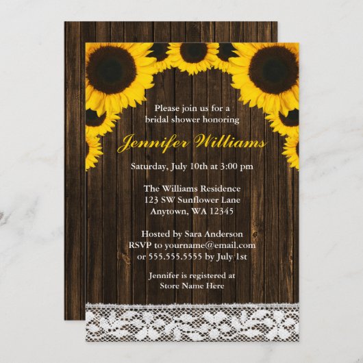 ヒマワリの納屋の木製のレースのブライダルシャワー 招待状 (正面/裏面)