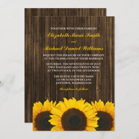 ヒマワリの納屋の木製の結婚式 招待状 (正面/裏面)