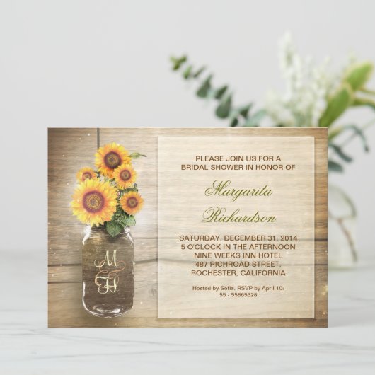 ヒマワリの素朴なメーソンジャーのブライダルシャワーの招待 招待状 (スタンド正面)