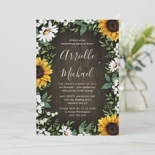 ヒマワリの素朴な国の木製の記念パーティー 招待状 (スタンド正面)