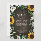 ヒマワリの素朴な国の木製のBohoの誕生会 招待状 (正面)