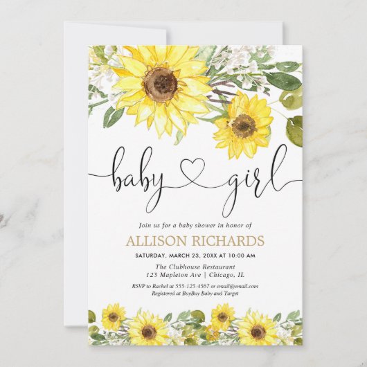 ヒマワリの緑の白い黄色の女の子の赤ちゃんシャワー 招待状 (正面)