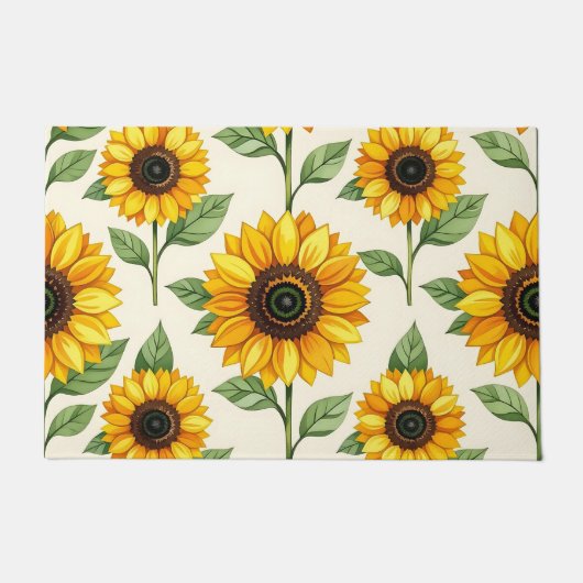 ヒマワリの花のシームレスパターン 明るい黄色 ドアマット (正面)
