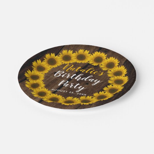 ヒマワリの花のリースの木製の一見の誕生会 ペーパープレート (アングル)