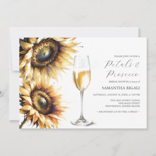 ヒマワリの花びらとプロセッコ　ブライズシャワーの招待状 (正面)