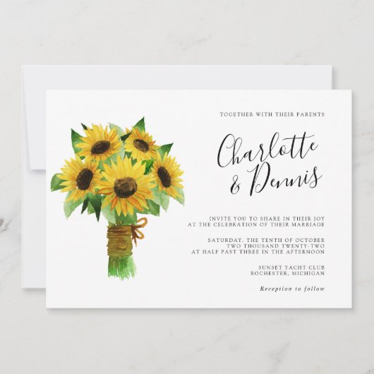 ヒマワリの花束とネイビー結婚ブルーの水平 招待状 (正面)