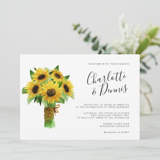 ヒマワリの花束とネイビー結婚ブルーの水平 招待状 (スタンド正面)