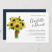 ヒマワリの花束とネイビー結婚ブルーの水平 招待状 (正面/裏面)