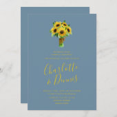 ヒマワリの花束と赤面結婚ブルー 招待状 (正面/裏面)