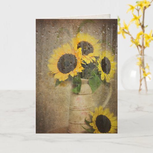 ヒマワリの花束の雨滴 カード (黄色い花)