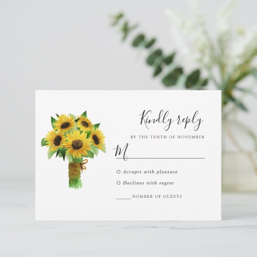 ヒマワリの花束結婚とネイビーの応答カード 出欠カード (スタンド正面)