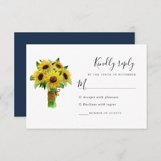 ヒマワリの花束結婚とネイビーの応答カード 出欠カード (正面/裏面)