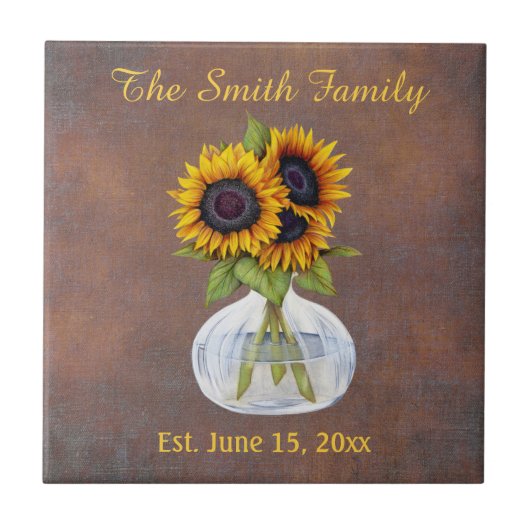 ヒマワリの花瓶のブラウン名日付Est. タイル (正面)