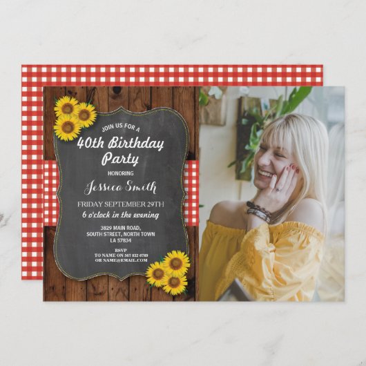 ヒマワリの誕生会の素朴な木製のチョークの写真 招待状 (正面/裏面)