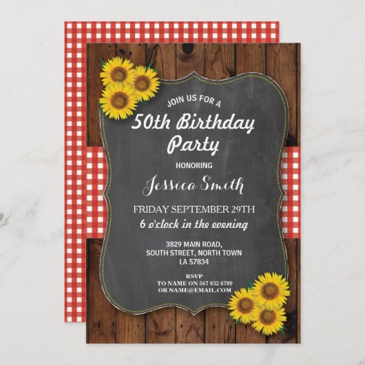 ヒマワリの誕生会の素朴な木製のチョークの招待 招待状 (正面/裏面)