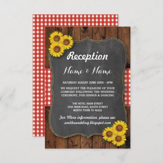 ヒマワリの赤く素朴な結婚披露宴カード エンクロージャーカード (正面/裏面)