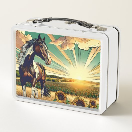 ヒマワリの野の白馬パーソナライズされた メタルランチボックス (裏面)