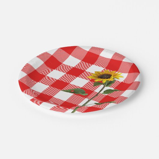 ヒマワリの雌の虫が付いた市松模様にひま花 ペーパープレート (アングル)