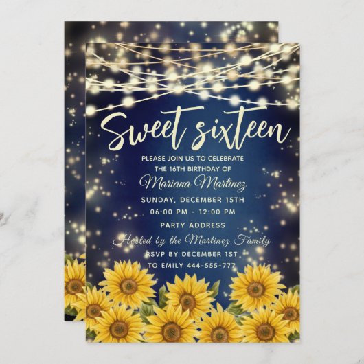 ヒマワリの青い糸ライト金ゴールドの輝き 招待状 (正面/裏面)