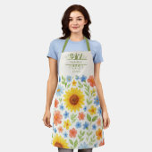 ヒマワリの黄色い青い台所用品 エプロン (着用した状態)