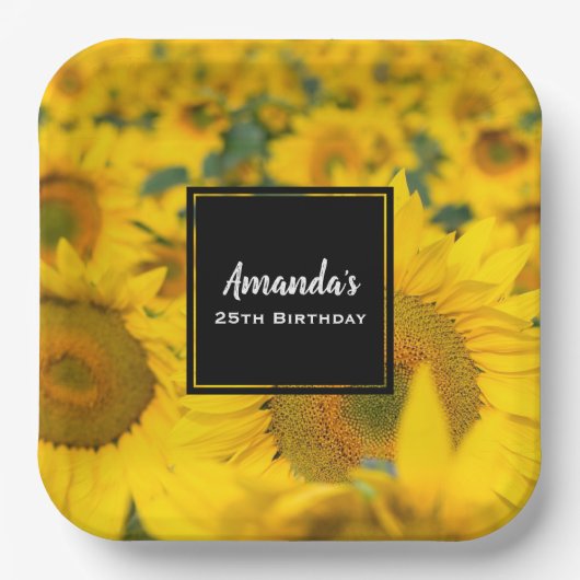 ヒマワリの黄色のフィールド写真誕生日 ペーパープレート (正面)
