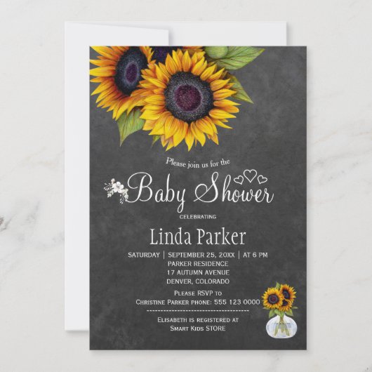 ヒマワリの黒板の秋の赤ちゃんシャワー 招待状 (正面)