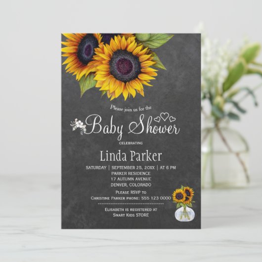 ヒマワリの黒板の秋の赤ちゃんシャワー 招待状 (スタンド正面)