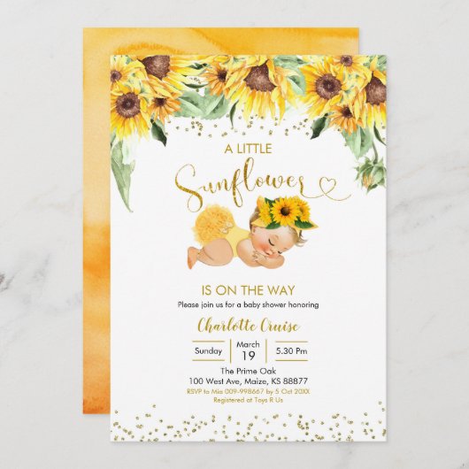 ヒマワリはブロンドの女の子の赤ちゃんシャワーの途中にある 招待状 (正面/裏面)
