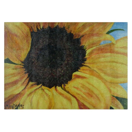 ヒマワリを持つガラスまな板 カッティングボード (正面)