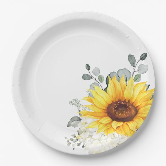 ヒマワリアイボリー牡丹フローラユーカリ結婚ス ペーパープレート (正面)