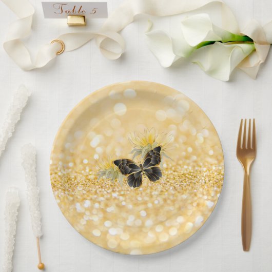 ヒマワリエレガントスパークルブラックバタフライ金ゴールド ペーパープレート (ウェディング)