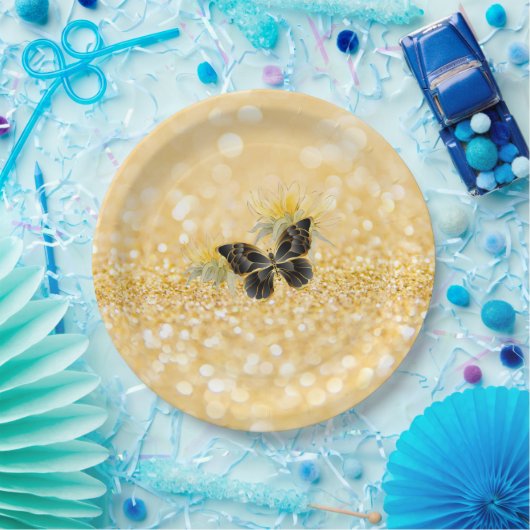 ヒマワリエレガントスパークルブラックバタフライ金ゴールド ペーパープレート (パーティー)